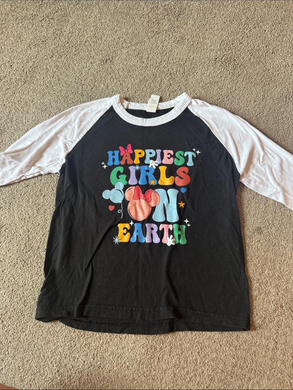 Tultex Black & White Raglan 'Happiest Girls On Earth' Colorful Graphic Tee